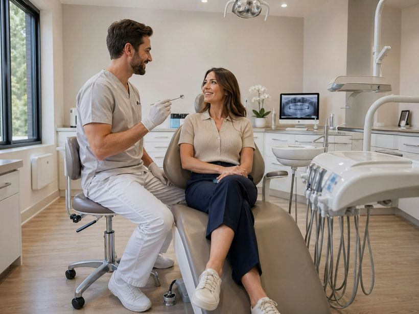 Dentista conversando com paciente em atendimento de urgência odontológica na Odontoclinic Sumaré